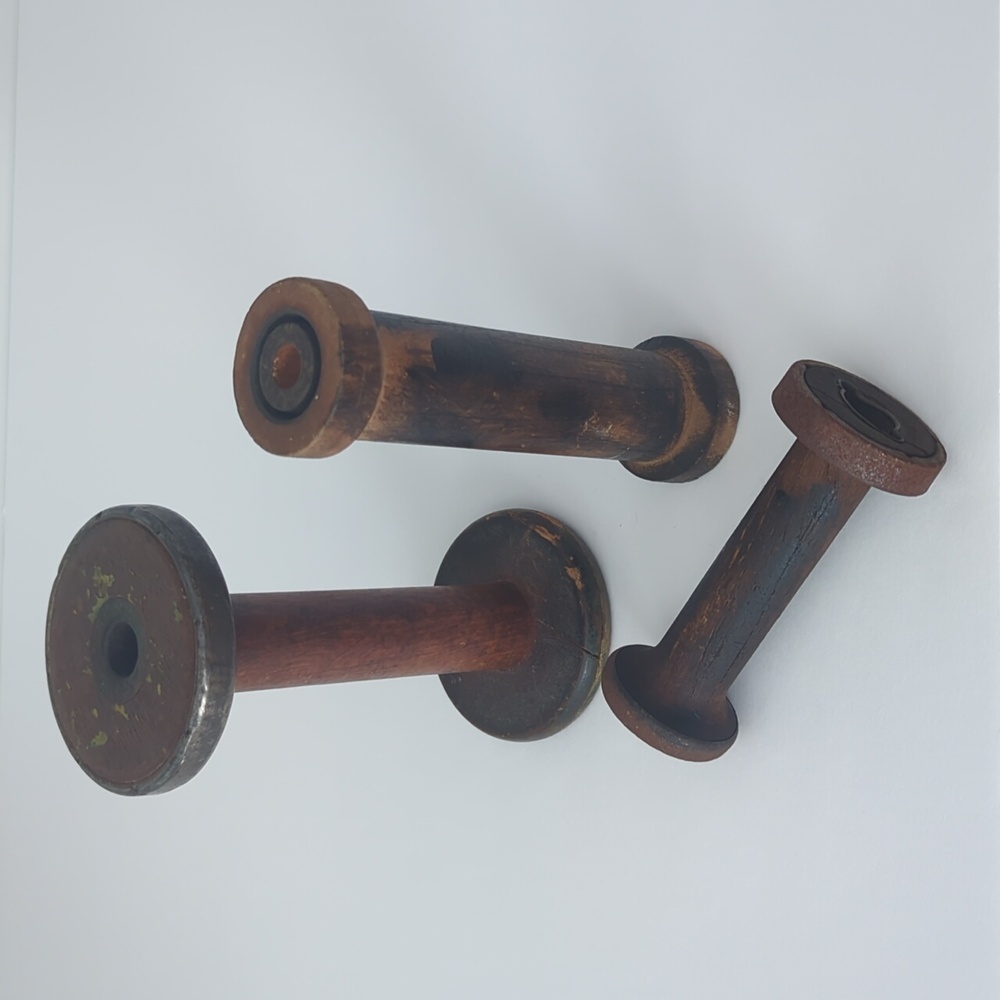 Wood Spindle Spools Textile Industrial Weaving Thread Sewing Primitive Lot 3 VTG - Picture 2 of 11